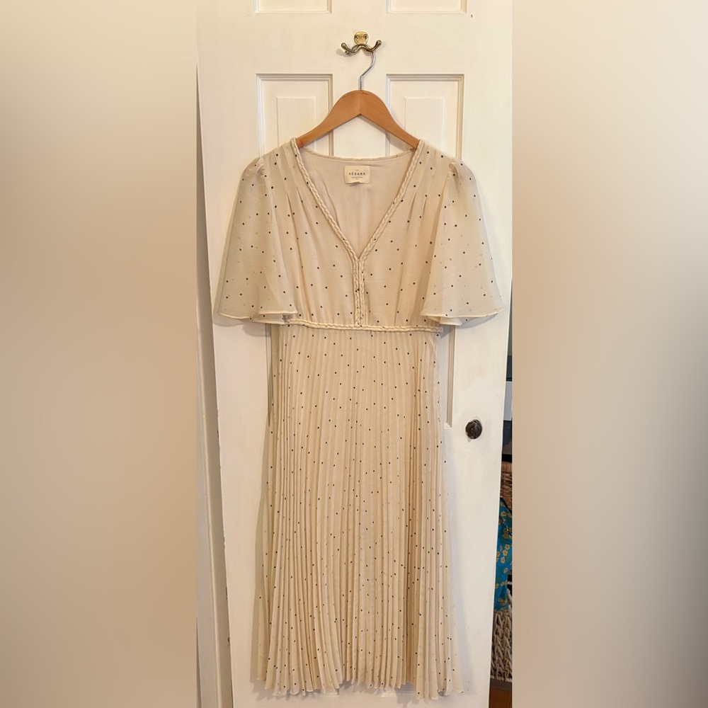 Sezane Florencia Cream Polka Dot V-Neck Pleated Dress size 36/4